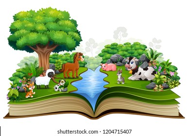 Open book with animal farm playing in the park