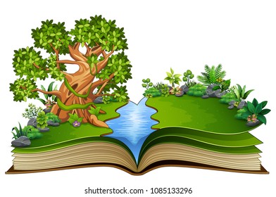 Open book with animals cartoon on the trees