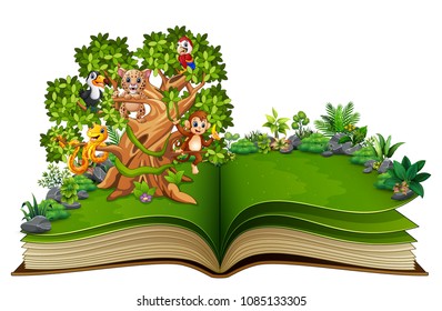 Open book with animals cartoon on the trees