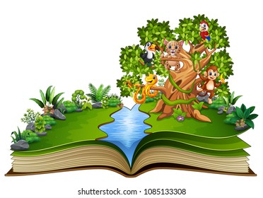 Open book with animals cartoon on the trees
