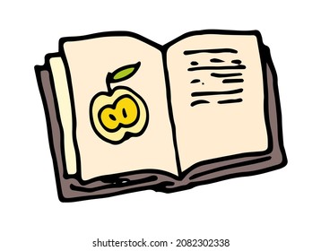un libro abierto con un patrón de color manzana.  un libro infantil de estilo doodle con una manzana amarilla en una página abierta, marrón sobre blanco para el diseño