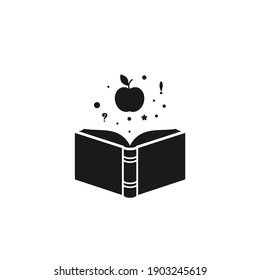 Open book with apple, hearts, stars, signs flying out.  Flat icon isolated on white background. Reading vector illustration. Idea logo. Inspiration pictogram. Power of knowledge sign.