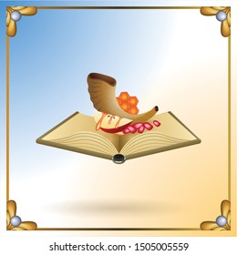Open book with apple and honey and pomegranate, for Rosh Hashanah