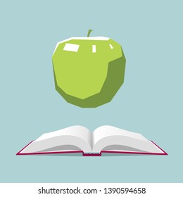Open book and apple. Isolated on blue background.