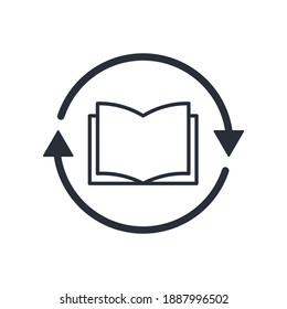 Abrir libro y refrescar flecha. Nueva página. Icono lineal vectorial aislado en fondo blanco.