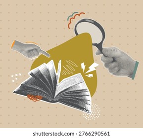 open book art collage with magnifying glass