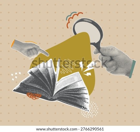 open book art collage with magnifying glass