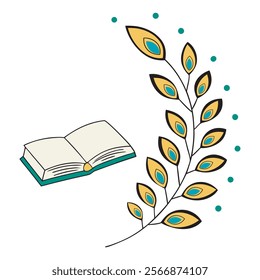 Open book with artistic golden leaf design and teal accents, perfect for educational and creative projects,Minimalist illustration of a book and decorative branch, ideal for learning or nature-themed 