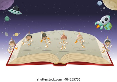 Open book with astronaut cartoon children in the space.
