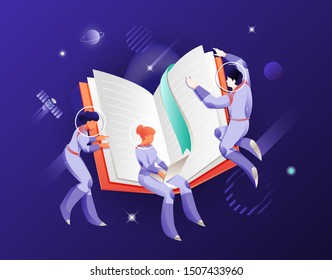 Open book and astronauts in space suits and helmets. Vector metaphor of  guidance or help. The cosmic concept for websites and app design