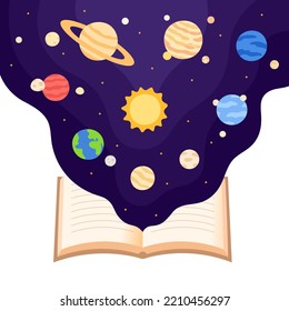 Libro abierto de astronomía desde el que se abre el sistema solar. El concepto de conocimiento sobre los planetas en forma plana.