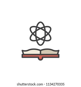 Open book and atom filled outline icon, line vector sign, linear colorful pictogram isolated on white. Molecule and book symbol, logo illustration. Pixel perfect vector graphics