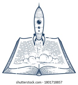 Open book with atom vector linear icon, education and scientific physics literature library reading line art symbol or logo.
