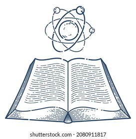 Open book with atom vector linear icon, education and scientific physics literature library reading line art symbol or logo.