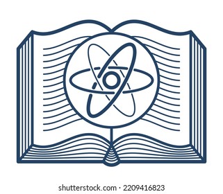 Open book with atom vector linear icon, education and scientific physics literature library reading line art symbol or logo.