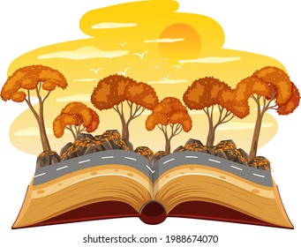 Open book with Autumn forest at sunset time scene illustration