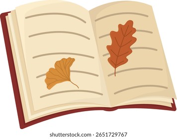 Livro aberto com folhas de outono. Elemento de literatura de época de outono isolado sobre fundo branco