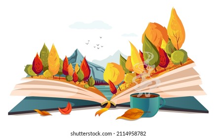 Open book, autumn nature inside. Imagination, fantasy, magic in literature concept. Season fairy tale, storybook, textbook. Lake, forest landscape picture. Leaves, cup of tea. Vector illustration