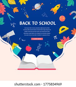 Open book, back to school concept illustration with supplies icons and books. Vector background design