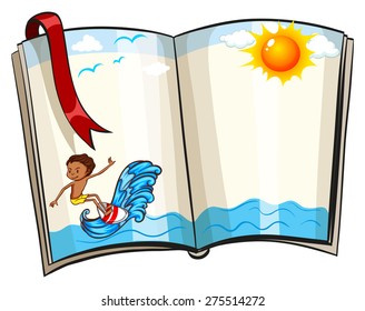 Open book with beach and surfing design
