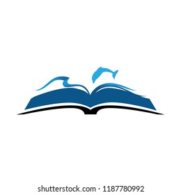 open book become seascape with dolphin, logo icon