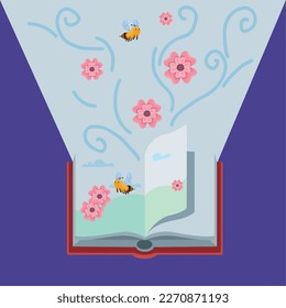 open book with bees and flowers scene