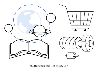 Open book below a planet with rings, a shopping cart, and a motor. Ideal for science education, online shopping, engineering, space exploration, and academic learning. Simple line art style