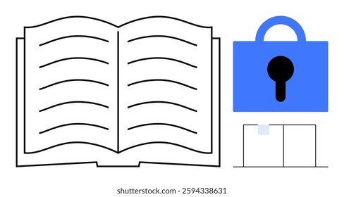 Open book beside blue padlock and files. Ideal for data privacy education cybersecurity content digital information security academic research. Simple minimalist vector art style