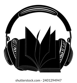 Open book between headphones. Audiobook design. Listen to wisdom and words. Digital library. Creative concept. Black and white silhouette.