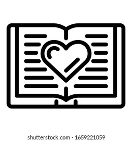 Open book and big heart icon. Outline open book and big heart vector icon for web design isolated on white background