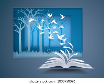 Open book with Bird flying from it, Paper Pages Change to birds fly into the forest, Back to nature, Ecology clean world, Environment friendly, freedom, ecological concepts, Paper art vector
