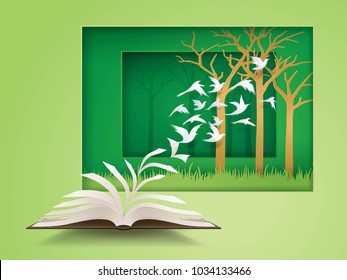 Open book with Bird flying from it, Paper Pages Change to birds fly into the forest, Back to nature, Ecology clean world, Environment friendly, freedom, ecological concepts, Paper art vector