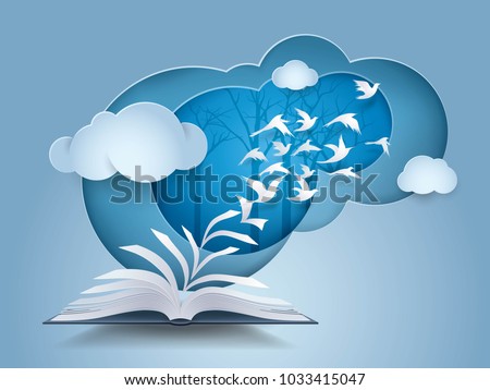 Open book with Bird flying from it, Paper Pages Change to birds fly into Sky, Back to nature, Ecology clean world, Environment friendly, freedom, ecological concepts, Paper art vector illustration