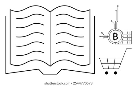 Libro abierto, un símbolo de Bitcoin integrado con circuitos y un Carrito de compras alusivo al aprendizaje digital y al comercio electrónico. Ideal para la educación moderna, tecnología blockchain, criptomoneda, comercio electrónico