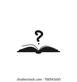 Open book with black book cover and  question mark. Isolated on white background. Flat vector reading icon. Unknown book pictogram. Ask symbol. Curiosity logo.
