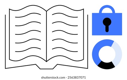 Open book with black lines representing text. Blue lock icon symbolizing security and privacy next to it. Below is a pie chart in blue, black, and white. Ideal for privacy, security, data analytics