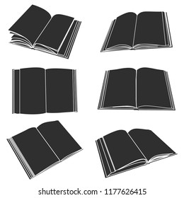 Open book black silhouette. Vector flat icons set isolated on white background.