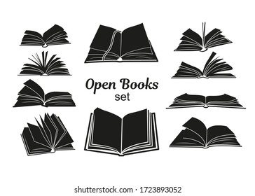 Open book black silhouettes. Knowledge and education symbols set isolated on white background. Books pictograms for bookstore, literature classes or book fair logo design vector illustration.
