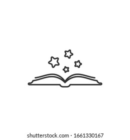 Open book with black soft stars flying out.  Isolated on white background. Flat icon. Vector illustration. Magic reading logo. Fairytale pictogram. Power of knowledge sign.