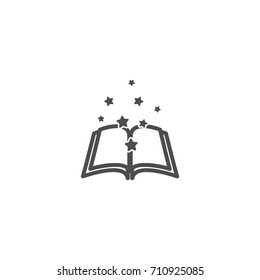 Open book with black soft stars flying out.  Isolated on white background. Flat icon. Vector illustration. Magic reading logo. Fairytale pictogram. Power of knowledge sign.