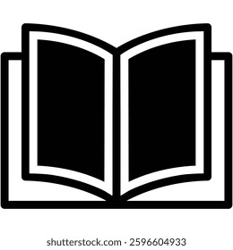 Open book, black and white icon symbolizing knowledge, education, and storytelling. Ideal for libraries, schools, or any resource emphasizing learning and information.