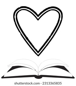 An open book in black and white on a white background with a love reading heart