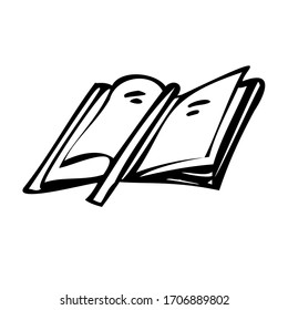 Open book. Black and white vector illustration. Isolated on a white background.