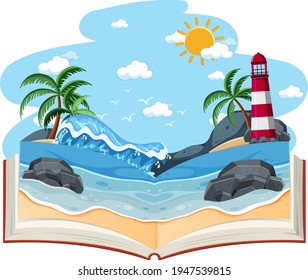Open book with blank beach scene illustration