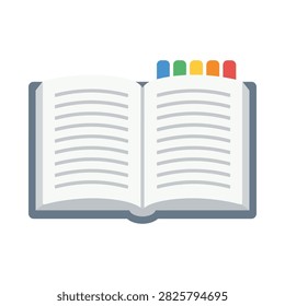 An open book with blank lined pages and colorful tab bookmarks on a white background.