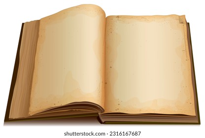 Abrir libro con hojas amarillentas viejas en blanco aisladas en plantilla blanca. Ilustración de dibujos animados