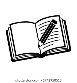 Open book with blank pages and a black pen resting on top minimalist sketch style design educational theme monochromatic illustration