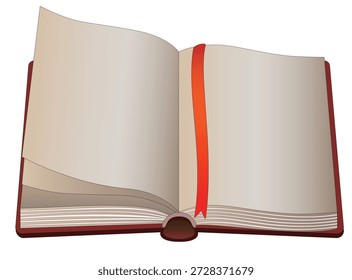Ein offenes Buch mit leeren Seiten und einem Lesezeichen, Mockup - Vektorfarbbild. Buch oder Tagebuch öffnen.