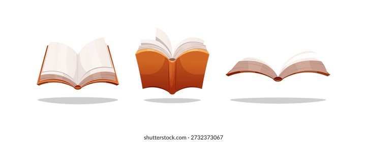 Libro abierto con páginas en blanco aisladas sobre fondo blanco.