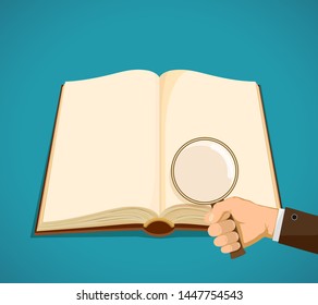 Open book with blank pages. Man holds a magnifying glass. Vector illustration.